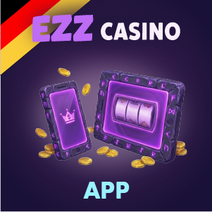 EZZ Casino App Banner mit Smartphone und Spielautomaten-Oberfläche, goldenen Münzen auf lila Hintergrund und dem Schriftzug „EZZ Casino App“.