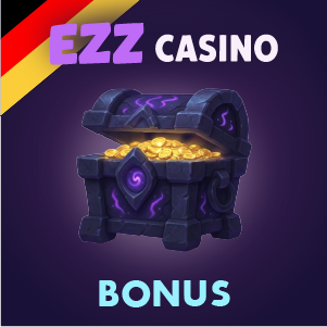 „EZZ Casino Bonus Banner mit einer geöffneten Schatztruhe voller Goldmünzen auf lila Hintergrund und dem Schriftzug ‚EZZ Casino Bonus‘.“
