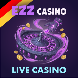 „EZZ Casino Live Casino Banner mit einem Roulettekessel, der leuchtenden Hand eines Dealers und goldenen Münzen auf lila Hintergrund, dazu der Schriftzug ‚EZZ Casino Live Casino‘.“