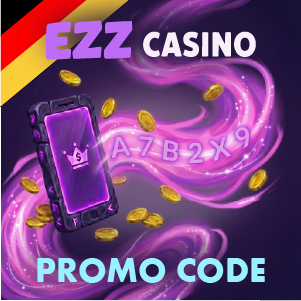 „EZZ Casino Aktionscode-Banner mit einem Smartphone, das ein Kronensymbol zeigt, schwebendem alphanumerischen Code und Goldmünzen auf lila Hintergrund, dazu der Text ‚EZZ Casino Aktionscode‘.“