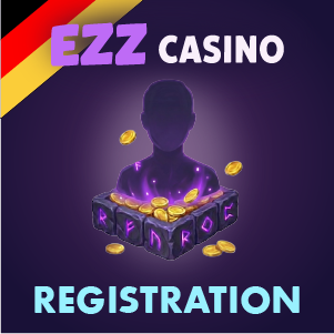„EZZ Casino Registrierungsbanner mit einer dunklen Silhouettenfigur, die aus einer leuchtenden Box voller Goldmünzen auf violettem Hintergrund auftaucht, dazu der Text ‚EZZ Casino Registrierung‘.“