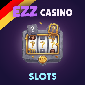 „EZZ Casino Slots Banner mit einem Spielautomaten, Fragezeichen-Symbolen und einem Dreh-Button auf lila Hintergrund sowie dem Text ‚EZZ Casino Slots‘.“