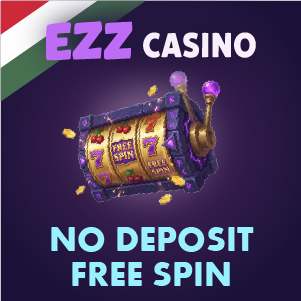 „EZZ Casino befizetés nélküli ingyenes pörgetés banner, amelyen egy világító nyerőgép látható ‘Free Spin’ szimbólumokkal és aranyérmékkel lila háttéren, valamint ‘No Deposit Free Spin’ felirattal.”