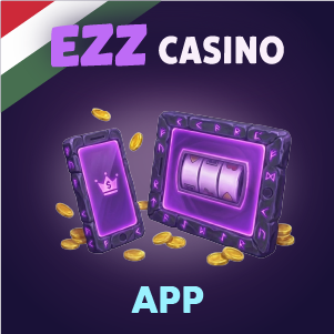 EZZ Casino alkalmazás bannere: okostelefon és nyerőgép felület arany érmékkel, lila háttéren, „EZZ Casino App” felirattal.