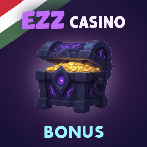 EZZ Casino bónusz banner: nyitott kincsesláda aranyérmékkel, lila háttéren, rajta az ‘EZZ Casino Bonus’ felirattal.”