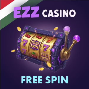 „Az EZZ Casino ingyenes pörgetés bannere, amelyen egy nyerőgép látható ‘Free Spin’ szimbólumokkal és aranyérmékkel lila háttéren, ‘EZZ Casino Free Spin’ felirattal.”