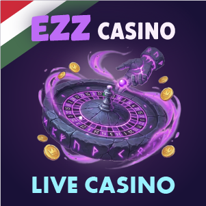 „Az EZZ Casino élő kaszinó bannere, amelyen egy rulettkerék, egy világító osztó kéz és aranyérmék láthatók lila háttéren, ‘EZZ Casino Live Casino’ felirattal.”