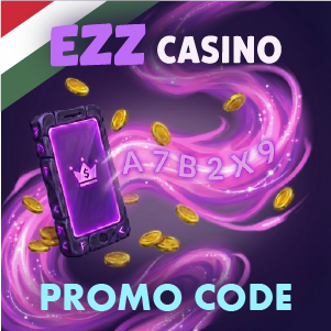 „EZZ Casino promóciós kód banner, amelyen egy okostelefon látható koronás ikonnal, lebegő alfanumerikus kóddal és aranyérmékkel lila háttéren, valamint az ‘EZZ Casino Promo Code’ felirattal.”