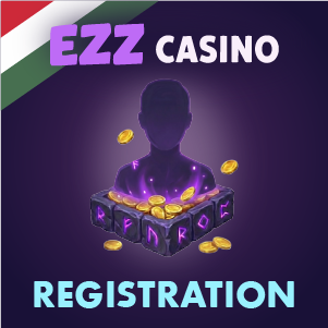 „EZZ Casino regisztrációs banner: egy sötét sziluett figura lép elő egy ragyogó, aranyérmékkel teli dobozból, lila háttérrel, ‘EZZ Casino Regisztráció’ felirattal.”