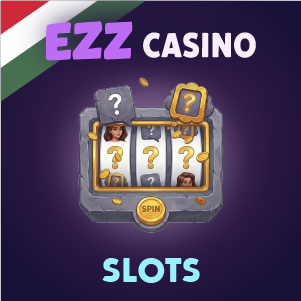 „EZZ Casino nyerőgépes banner, amelyen egy nyerőgép látható kérdőjel szimbólumokkal és pörgetés gombbal, lila háttéren, ‘EZZ Casino Slots’ felirattal.”