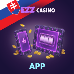 Banner EZZ Casino aplikácie so smartfónom a rozhraním výherného automatu, zlaté mince na fialovom pozadí a textom „EZZ Casino App“.