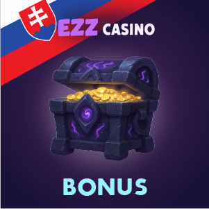 „Banner EZZ Casino bonusu s otvorenou truhlou plnou zlatých mincí na fialovom pozadí a nápisom ‘EZZ Casino Bonus’.“