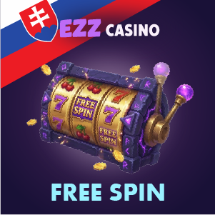 „Banner EZZ Casino free spin zobrazujúci automat so symbolmi ‘Free Spin’ a zlatými mincami na fialovom pozadí, s textom ‘EZZ Casino Free Spin’.“