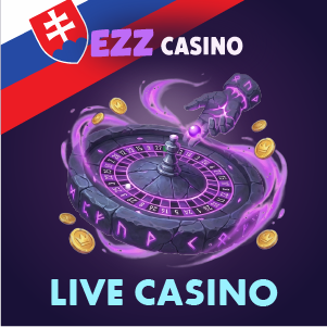 Banner EZZ Casino live kasína s ruletovým kolesom, žiarivou rukou krupiéra a zlatými mincami na fialovom pozadí, s textom ‘EZZ Casino Live Casino’.“