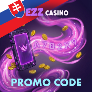 :„Banner s promo kódom EZZ Casino, na ktorom je smartfón so zobrazenou ikonou koruny, vznášajúci sa alfanumerický kód a zlaté mince na fialovom pozadí, s textom ‘EZZ Casino Promo Code’.“