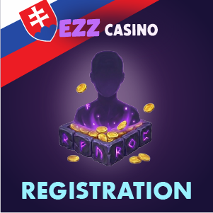 Banner registrácie EZZ Casino s tmavou siluetou postavy vychádzajúcou zo žiariacej debny plnej zlatých mincí na fialovom pozadí, s textom ‘Registrácia EZZ Casino’