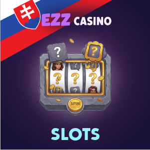 „Banner EZZ Casino automatov zobrazujúci výherný automat so symbolmi otáznikov a tlačidlom spin na fialovom pozadí, s textom ‘EZZ Casino Slots’.“
