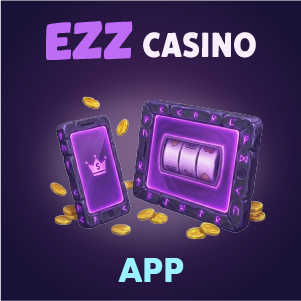 EZZ Casino app banner featuring a smartphone and slot machine interface with gold coins on a purple background, with ‘EZZ Casino App’ text.