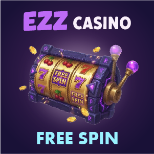 EZZ Casino free spin banner showing a slot machine with ‘Free Spin’ symbols and gold coins on a purple background, with ‘EZZ Casino Free Spin’ text.