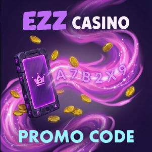 EZZ Casino promo code banner featuring a smartphone displaying a crown icon, floating alphanumeric code, and gold coins on a purple background, with ‘EZZ Casino Promo Code’ text.