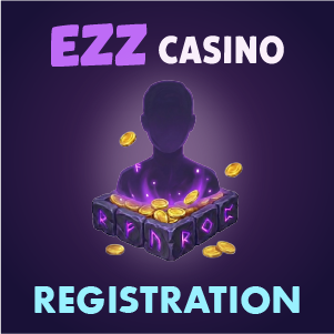 EZZ Casino registration banner featuring a dark silhouette figure emerging from a glowing box filled with gold coins on a purple background, with ‘EZZ Casino Registration’ text.