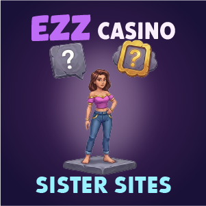 EZZ Casino sister sites banner showing a female character standing between two question mark icons on a purple background, with ‘EZZ Casino Sister Sites’ text.