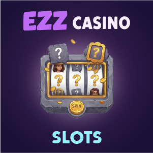 EZZ Casino slots banner showing a slot machine with question mark symbols and a spin button on a purple background, with ‘EZZ Casino Slots’ text.